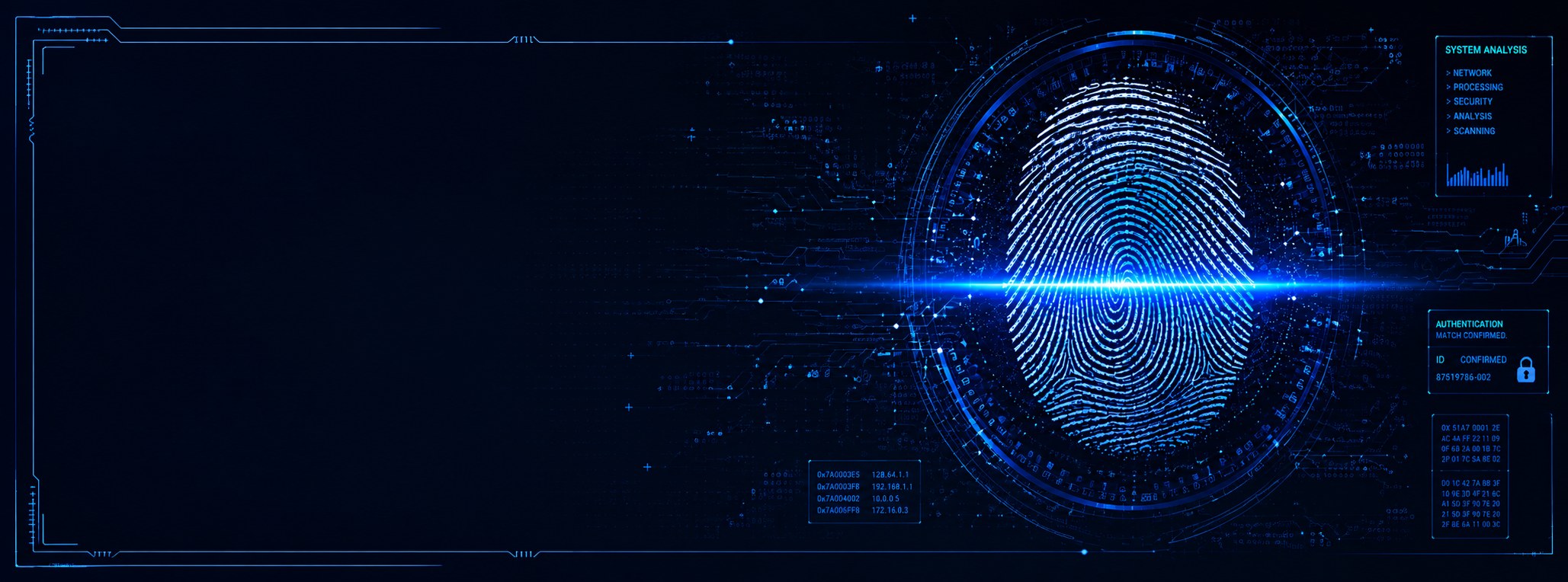 Magnified digital fingerprint under a biometric scan, with technical readouts and circuitry in blue