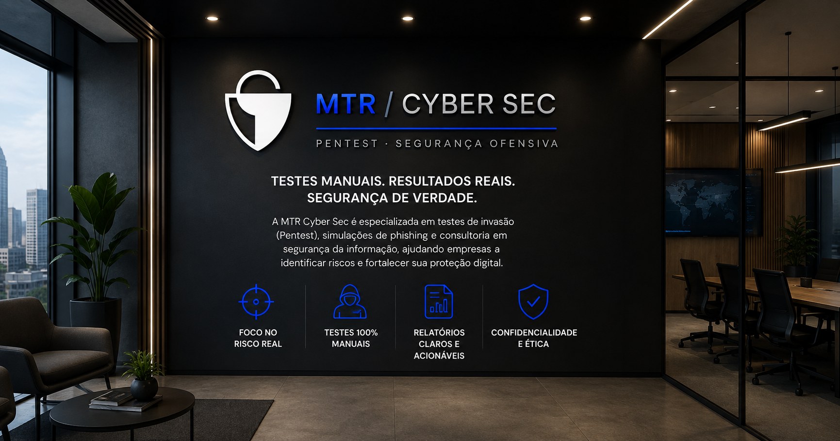 MTR Cyber Sec reception area, with the company identity applied to a dark feature wall and a meeting room beyond